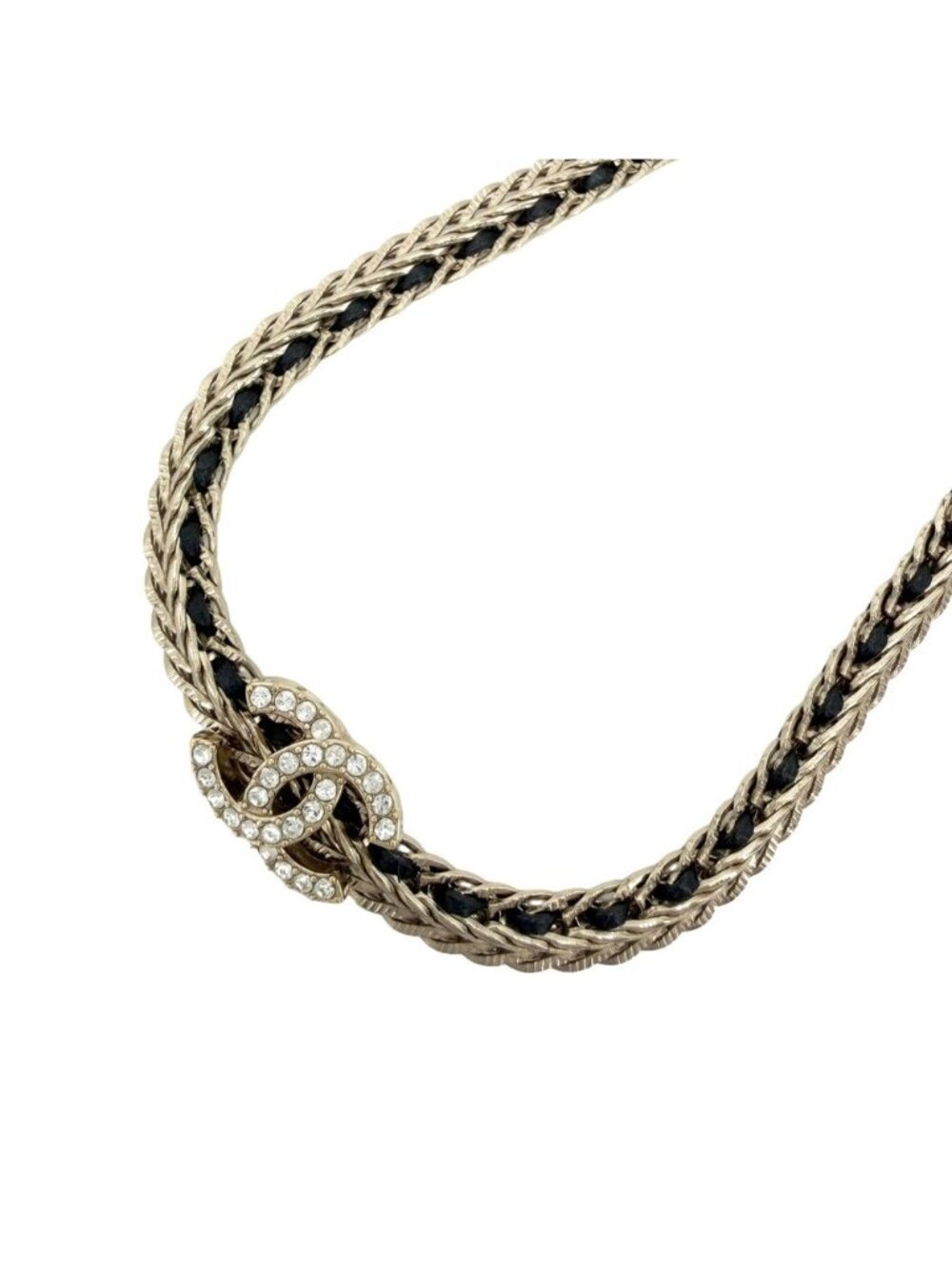 Chanel Necklace Adjustable Choker CC Logo Leather Chain Rhinestone Gold Black
